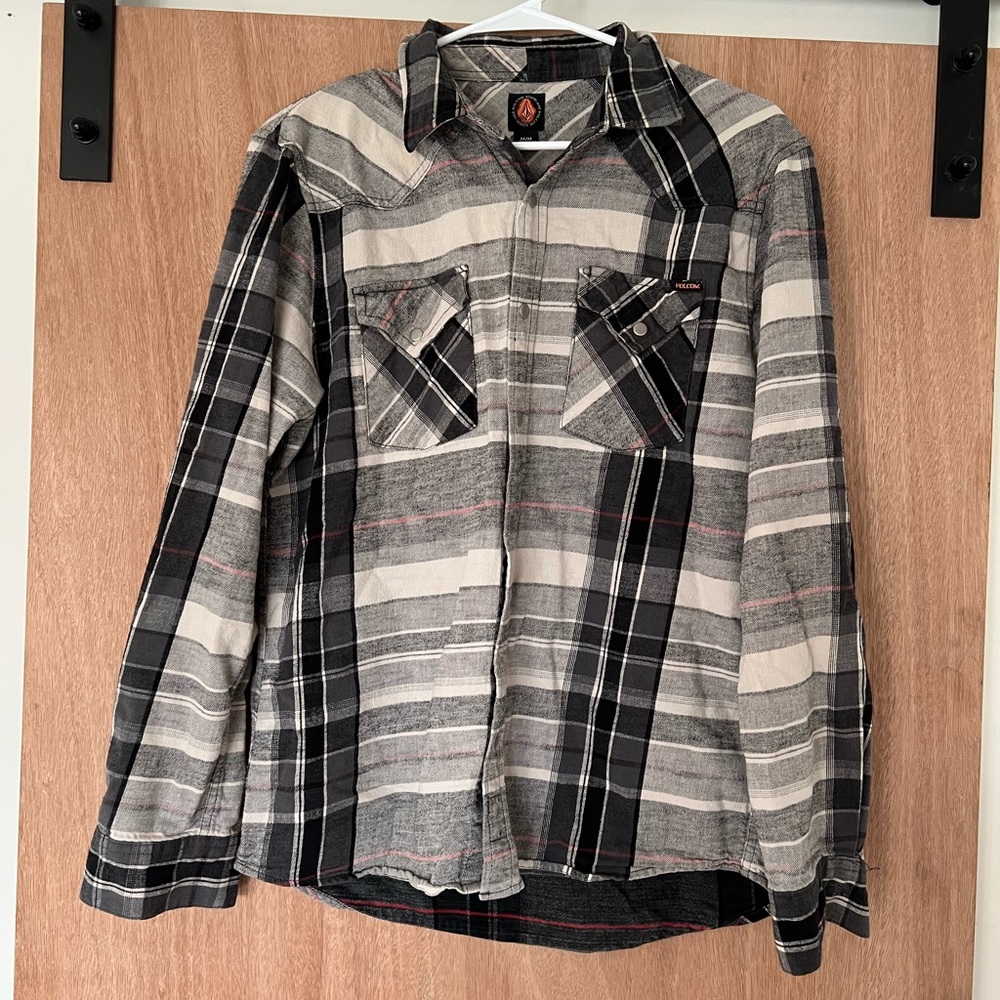 Volcom Black, Gray and White Plaid Button-Down Shirt